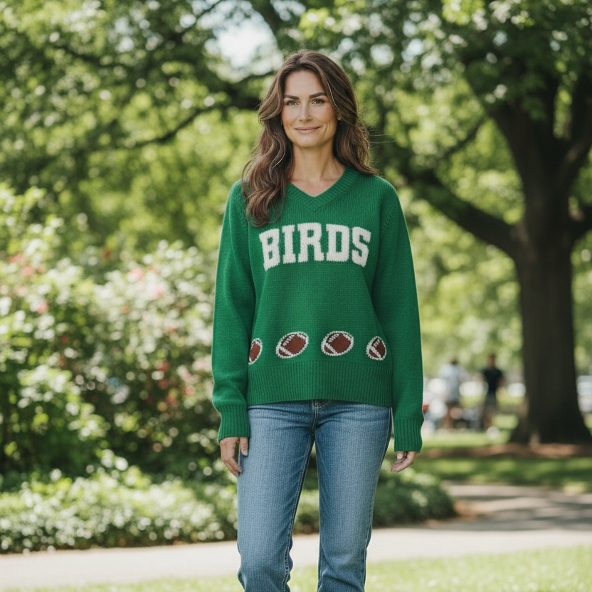 Woman wearing a green sweater with 'BIRDS' printed on it, standing in a park.