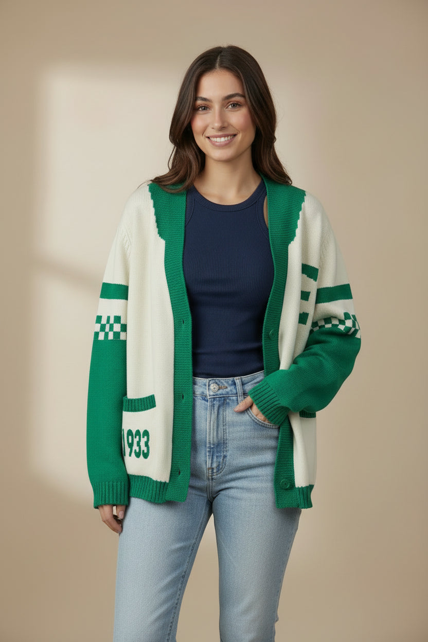Philadelphia Vintage Inspired Cream & Kelly Green Cardigan